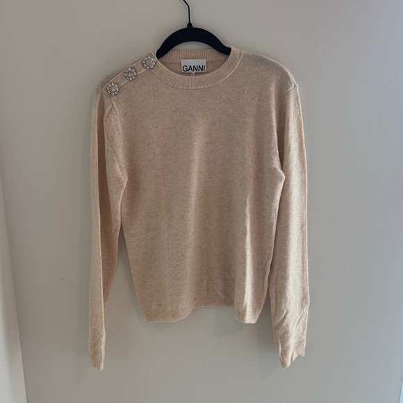 Ganni Beige Crewneck Cashmere Sweater with Crystal Shoulder Buttons